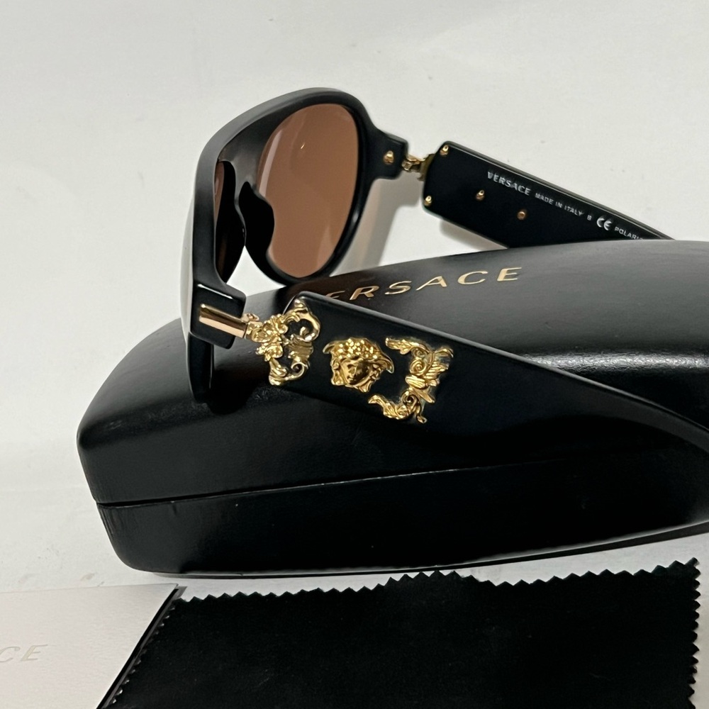 Beautiful Versace Black Sunglasses with Gold Medusa Accents and Brown Lenses